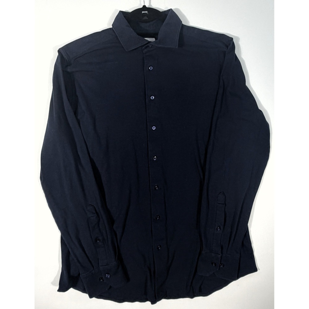 Emanuel Berg Mens L 16.5 Navy Modern Fit Stretch Cotton Button Shirt Poland